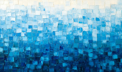 Abstract artwork featuring varying shades of blue, resembling water or sky.