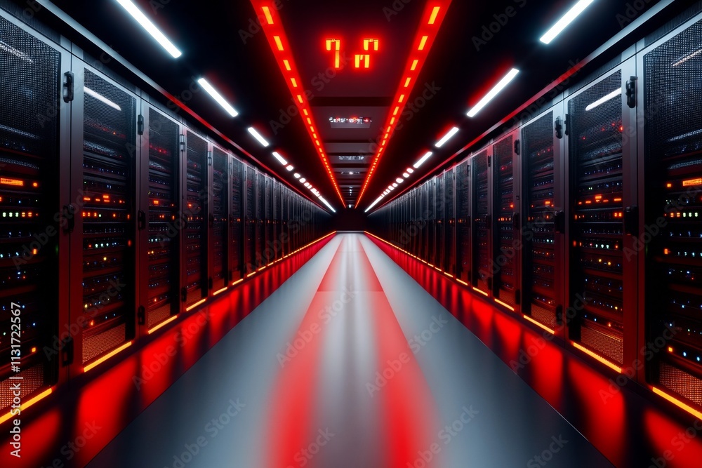 Poster a server room with red lights flashing and warning signs indicating a critical system failure