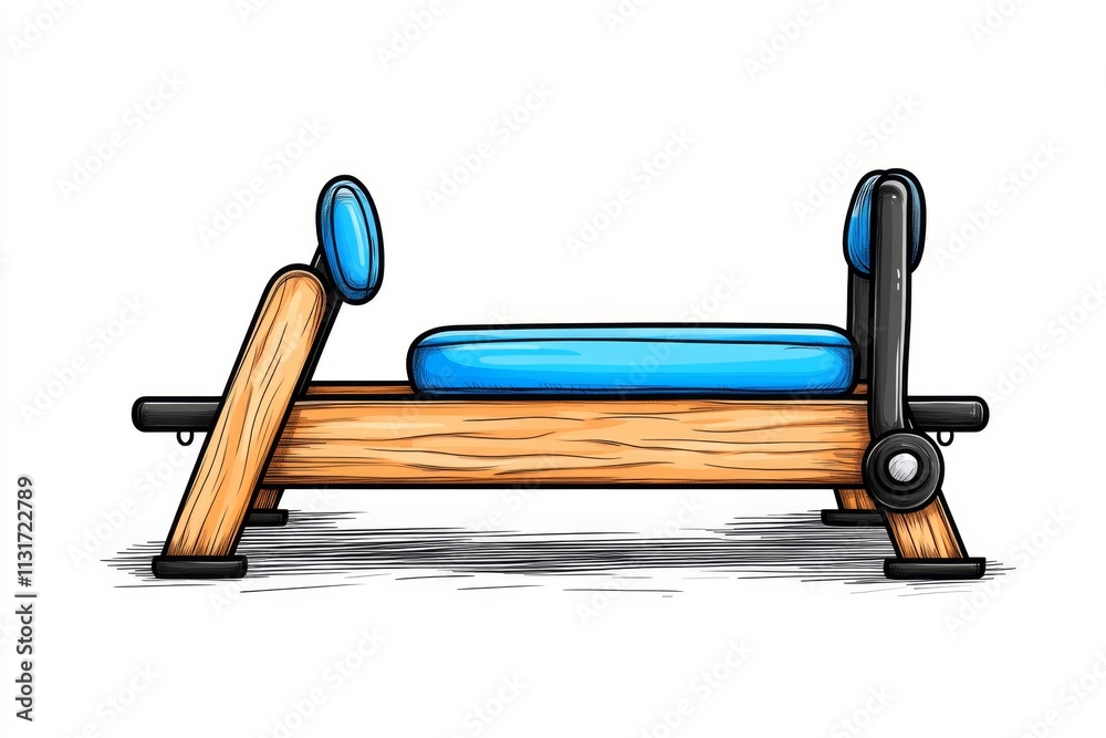 Poster a simple and elegant depiction of a pilates reformer machine, drawn with clean lines and soft pastel