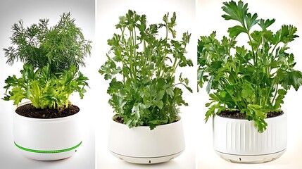 Fototapeta premium Three potted herbs dill, parsley, and more parsley, in white modern planters.