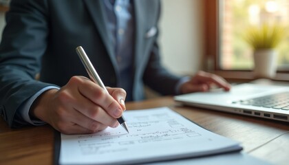 Businessman assess personal development work improvement. Man writing on checklist notepad. At wooden desk. Laptop on desk too. Self-evaluation. Personal growth. Business success. Man in suit