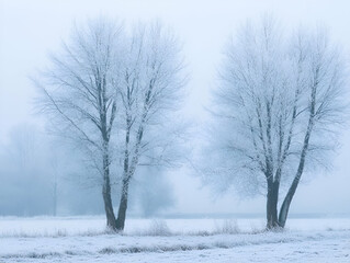 Fototapeta premium Frost-covered trees in a misty landscape create a serene winter atmosphere.