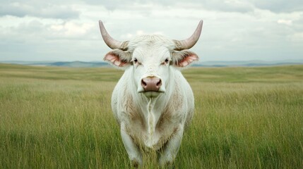 Majestic White Cow Stands Proudly in Lush Green Meadow Landscape