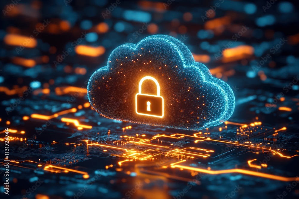Poster secure cloud computing concept. glowing cloud symbol with padlock floats over tech circuit board. cl