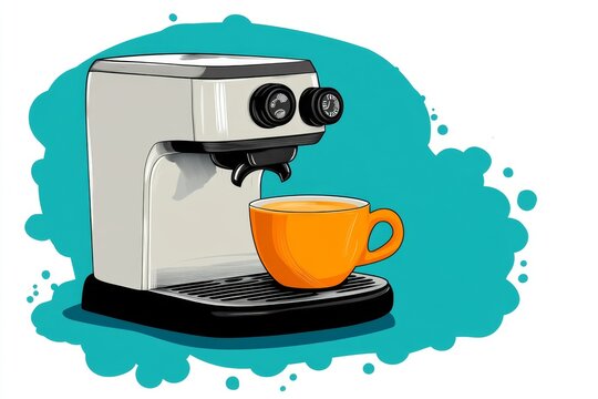 A vintage-style poster featuring an espresso cup with bold fonts and a hand-drawn coffee machine in earthy tones