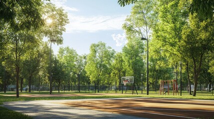 Serene Urban Park with Basketball Court and Playground Equipment
