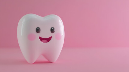 Adorable cartoon tooth character with happy expression on pink background