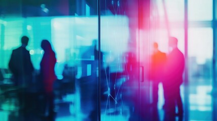 Naklejka premium Blurred silhouettes of business people in a modern office, with vibrant color highlights and abstract digital elements.