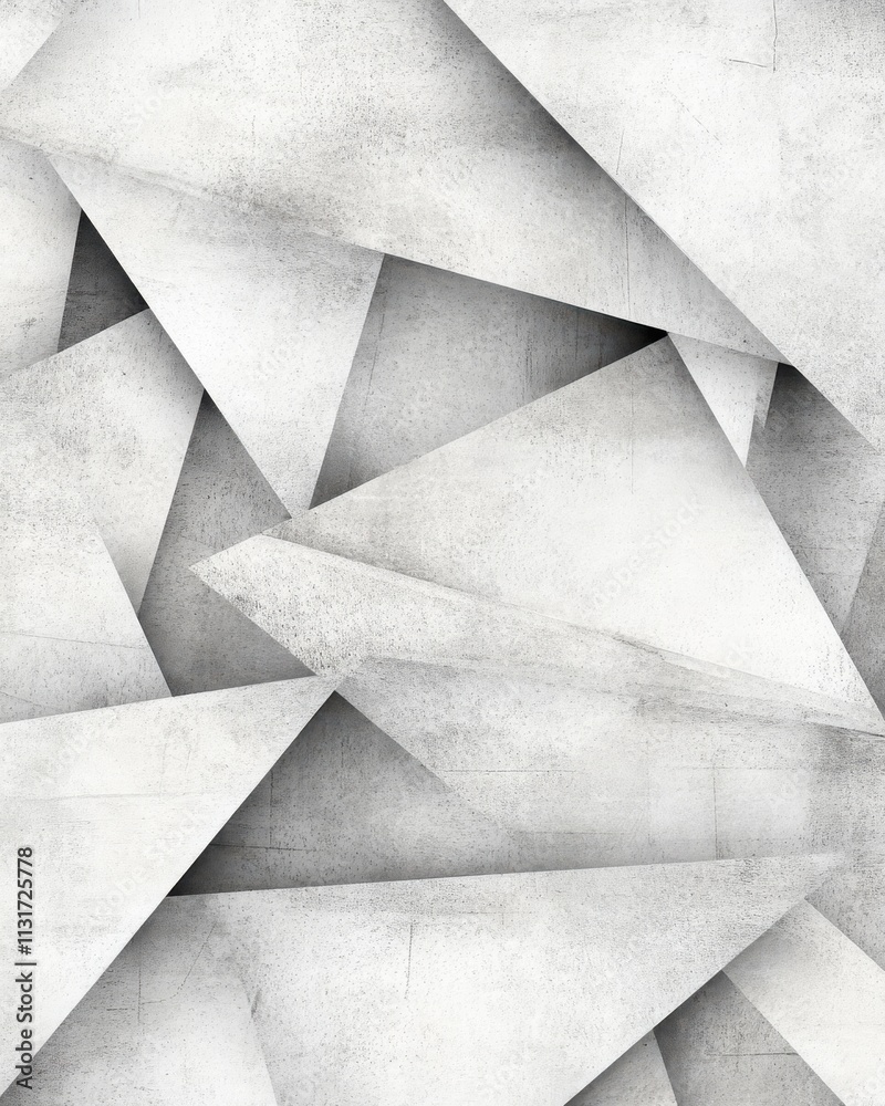 Poster abstract geometric design featuring sharp, layered white and gray triangular shapes creating depth a