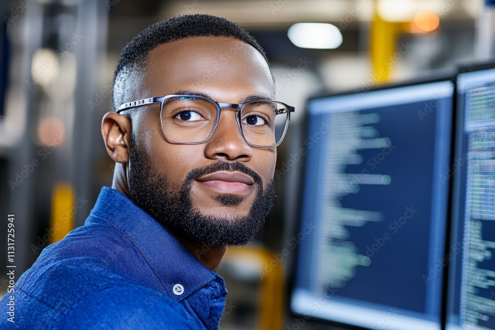 Poster an it professional configuring an erp system on dual monitors, surrounded by code and diagrams