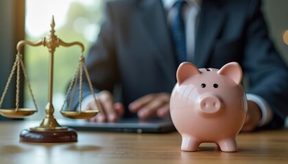 Businessman balances wealth, protection. Piggy bank savings alongside lawyers briefcase, justice scales. Financial security concept. Pro image for business legal services. Ideal for financial