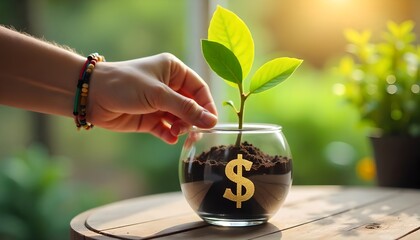 woman watering plants in pots with dollar symbols. illustration of finance, stocks and economic growth