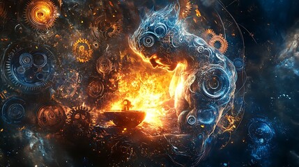 Abstract fiery figure with gears, creating energy.