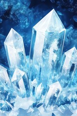Obraz premium A shimmering cluster of transparent crystals illuminated against a deep blue background, embodying elegance and purity.