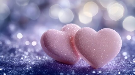Obraz premium Two Pink Hearts with Sparkles on Bokeh Background.