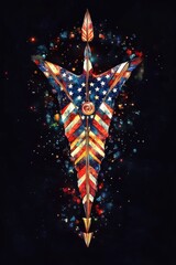 Obraz premium A striking artistic representation of an arrow featuring the American flag, set against a cosmic backdrop.