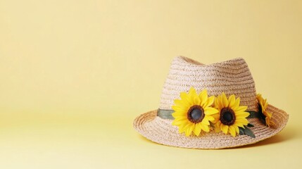 Colorful straw hat featuring cheerful sunflowers rests on a bright yellow surface, perfect for capturing the essence of sunny days outdoors