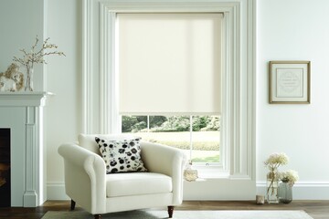 Cream roller blind in a bright living room with armchair and fireplace.