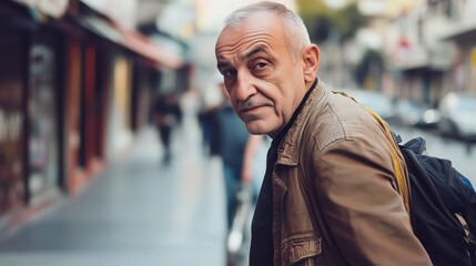 Obraz premium Man with a beard and gray hair is standing on a sidewalk