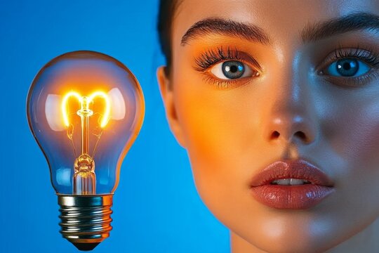 A close-up of a woman face illuminated by a glowing idea light bulb, her expression showing sudden understanding