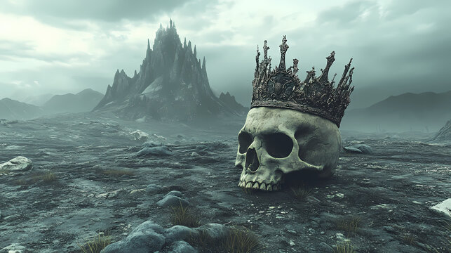 Decaying skull crown in desolate landscape 3d render dark fantasy morbid gothic myste. Myst. Illustration