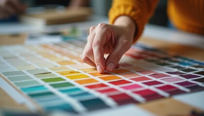 Interior designer chooses color. Person selects color sample from color palette. Design project development process. Designer hand examines color swatches. Workspace cluttered with design papers.