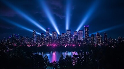 Obraz premium Night cityscape illuminated by vibrant light beams.