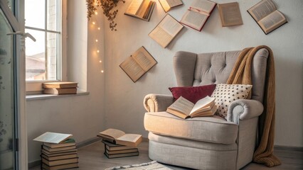 A cozy reading nook surrounded by floating books inviting users to dive into stories that inspire and uplift their spirits.