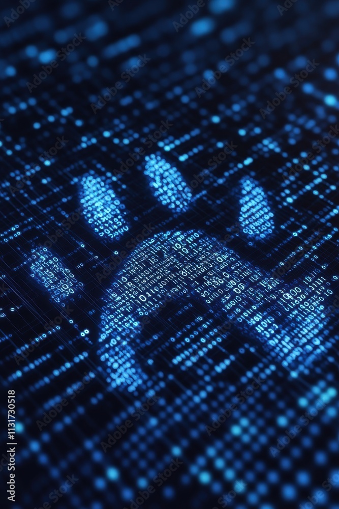 Poster a glowing blue handprint overlaying digital binary code, symbolizing technology and security.
