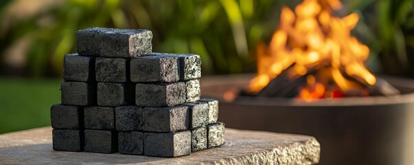Charcoal briquettes stacked in a neat pile next to a grilling firepit, outdoor barbecue scene with vibrant flames, charcoal product, outdoor BBQ