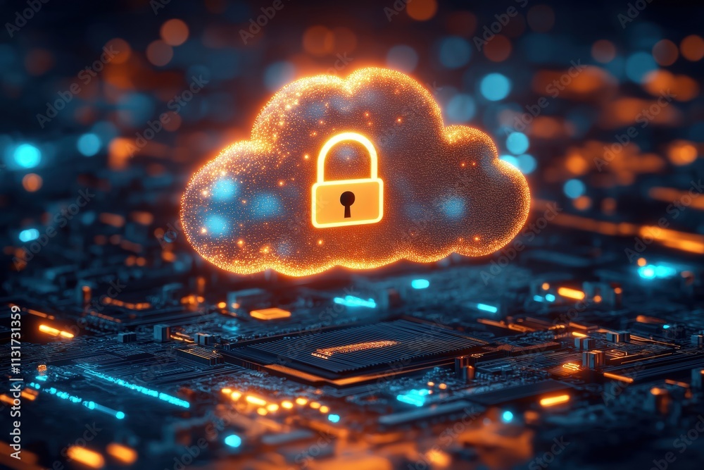 Poster glowing cloud security symbol floats over tech circuit board. secure cloud computing concept. cloud 