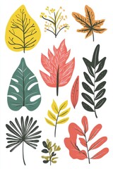Colorful assortment of illustrated leaves in various shapes, showcasing nature's beauty and diversity.