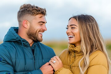 Fototapeta premium A dynamic photo of a man sliding a diamond engagement ring onto his partner finger, their emotions radiating pure happiness