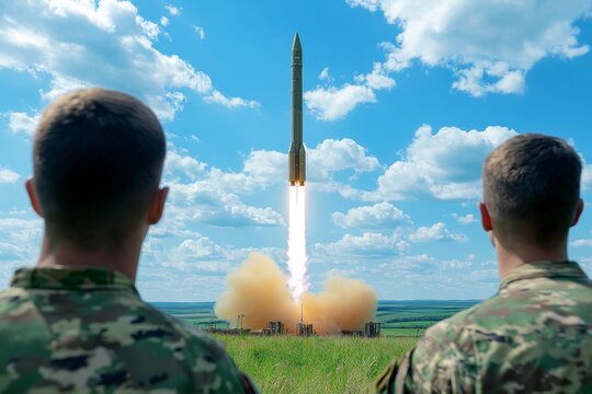 A dynamic shot of engineers launching a test rocket, standing at a safe distance and observing the liftoff
