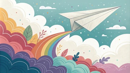 Fototapeta premium Colorful illustration featuring a paper airplane soaring through vibrant clouds while leaving a magical rainbow trail, representing dreams, hope, and boundless imagination