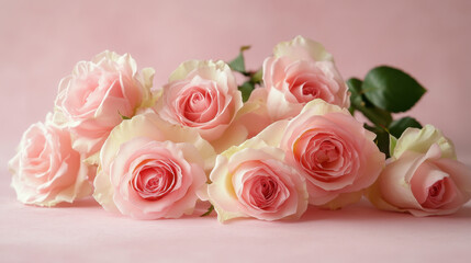 Obraz premium Fresh pink roses arranged beautifully on soft pink background, evoking sense of elegance and tranquility