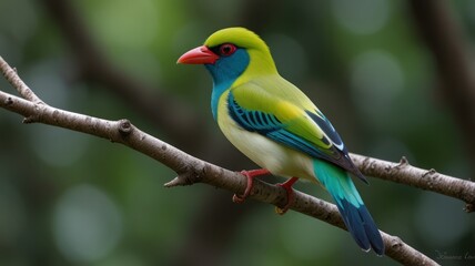 Fototapeta premium Vibrant green bird perched on a branch. (1)