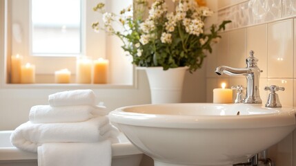 Fototapeta premium Modern Bright Bathroom with Fresh Flowers and Candles