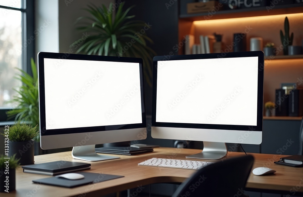 Leinwandbilder home office desk with two computers, white screens. plenty of space for mockup, presentation design.