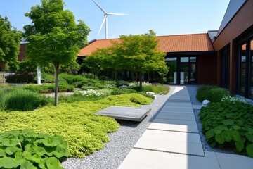 Naklejka premium A modern community center with a small wind turbine powering the building and green gardens around