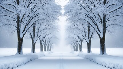 Snowy cold road covered by snow and white snow covered trees on sides of the street, winter nature