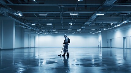 Obraz premium Cleaning Professional in Industrial Space with Blue Lighting Effect