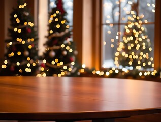 Christmas theme house design with wooden shelf in foreground and pine decorated trees in background, new year and Christmas eve