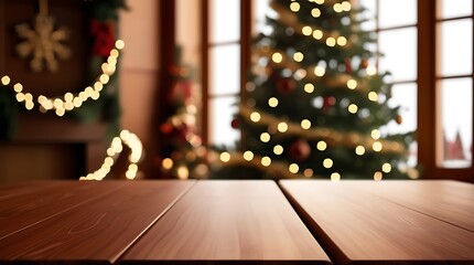 Christmas theme house design with wooden shelf in foreground and pine decorated trees in background, new year and Christmas eve