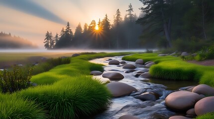 Close-up view of a river in nature with dusk trees and green fresh grass under clear cloudy and foggy sky