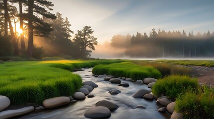 Close-up view of a river in nature with dusk trees and green fresh grass under clear cloudy and foggy sky