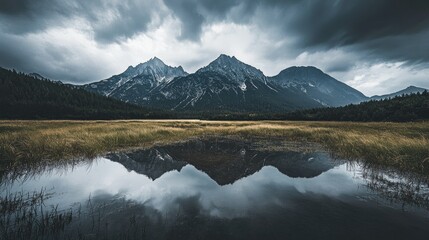 Dramatic Mountain Landscape with Reflections and Stormy Skies