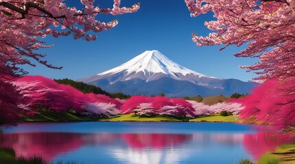 Great mountain peak in far and cherry tree branches in foreground next to a blue lake under blue sky, beautiful landscape view