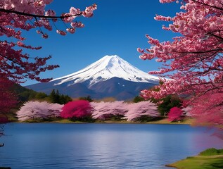 Great mountain peak in far and cherry tree branches in foreground next to a blue lake under blue sky, beautiful landscape view