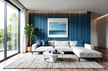 Fototapeta premium Contemporary living room with low profile sectional, minimalist coffee table and fine art. Scandinavian style